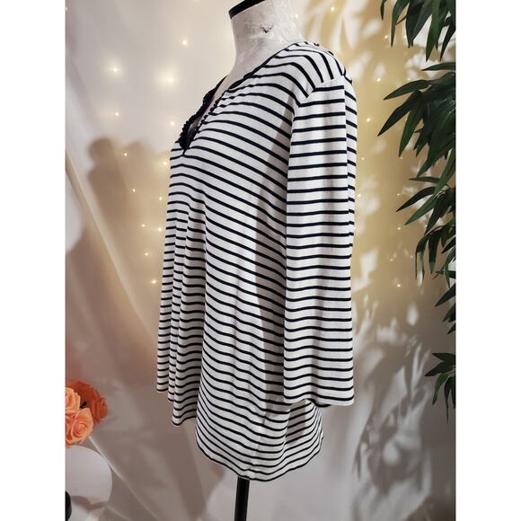 Lands End Nautical Stripe Ruffle Split Neck 3/4 Sleeve Top Plus Size 16-18W - Picture 2 of 9